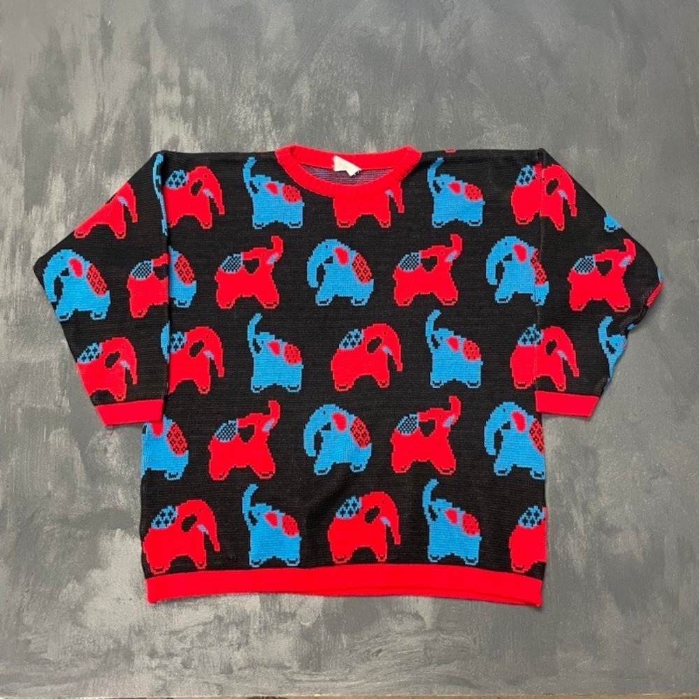 Vintage Elephant Print Knit Sweater Unisex Medium‎ Black 90s Ego Fashions